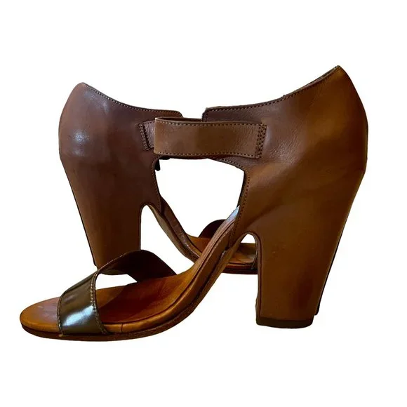 LATITUDE I FEMME Italian Natural Leather & Metallic Block Heels Size 37 or 7.5 - Picture 10 of 14